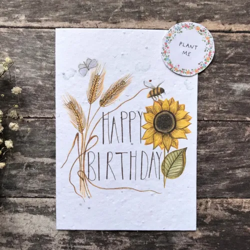 Plantable Seed Greeting Card, Occasionas & Birthday, Sunflower & Bee, Blank Inside