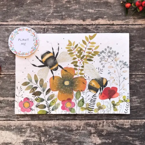 Plantable Seed Greeting Card, Bees on Flowers, Illustrated Birthday & Occasion Card, Blank Inside