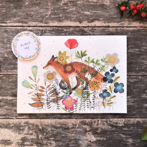 Plantable Seed Greeting Card, Illustrated Card Ideal For Birthdays Or Any Occasion, Fox, Blank Inside